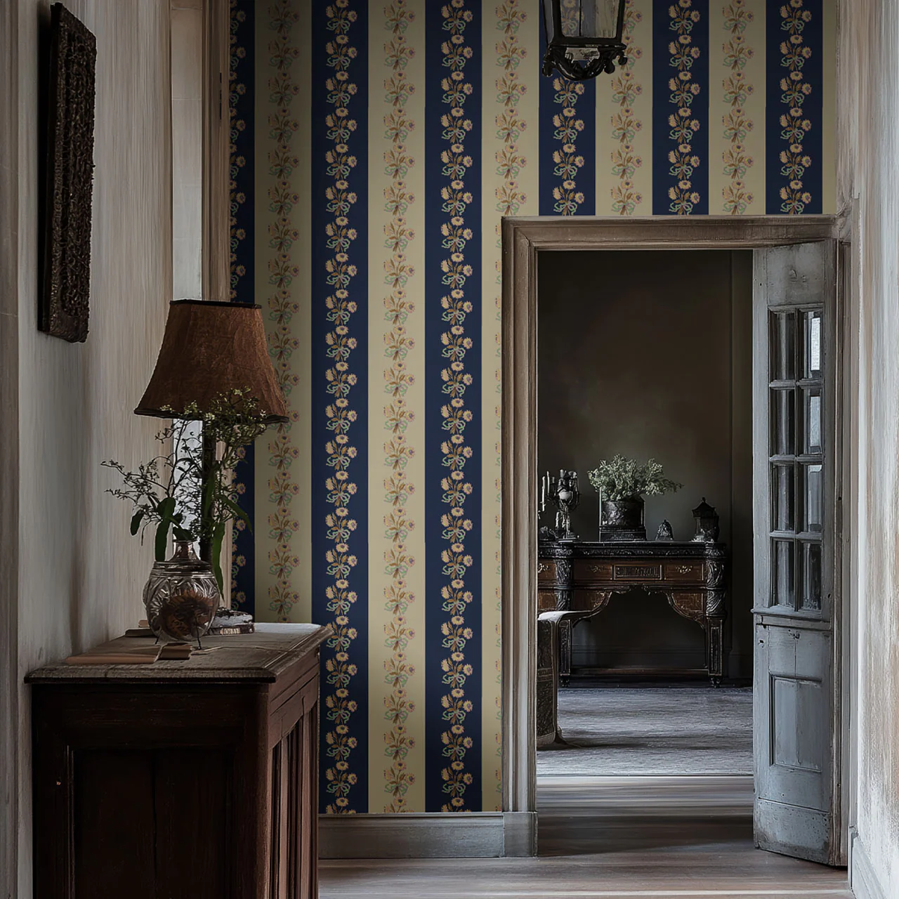 Chateau Stripe Prussian and Fawn Wallpaper - Image 4