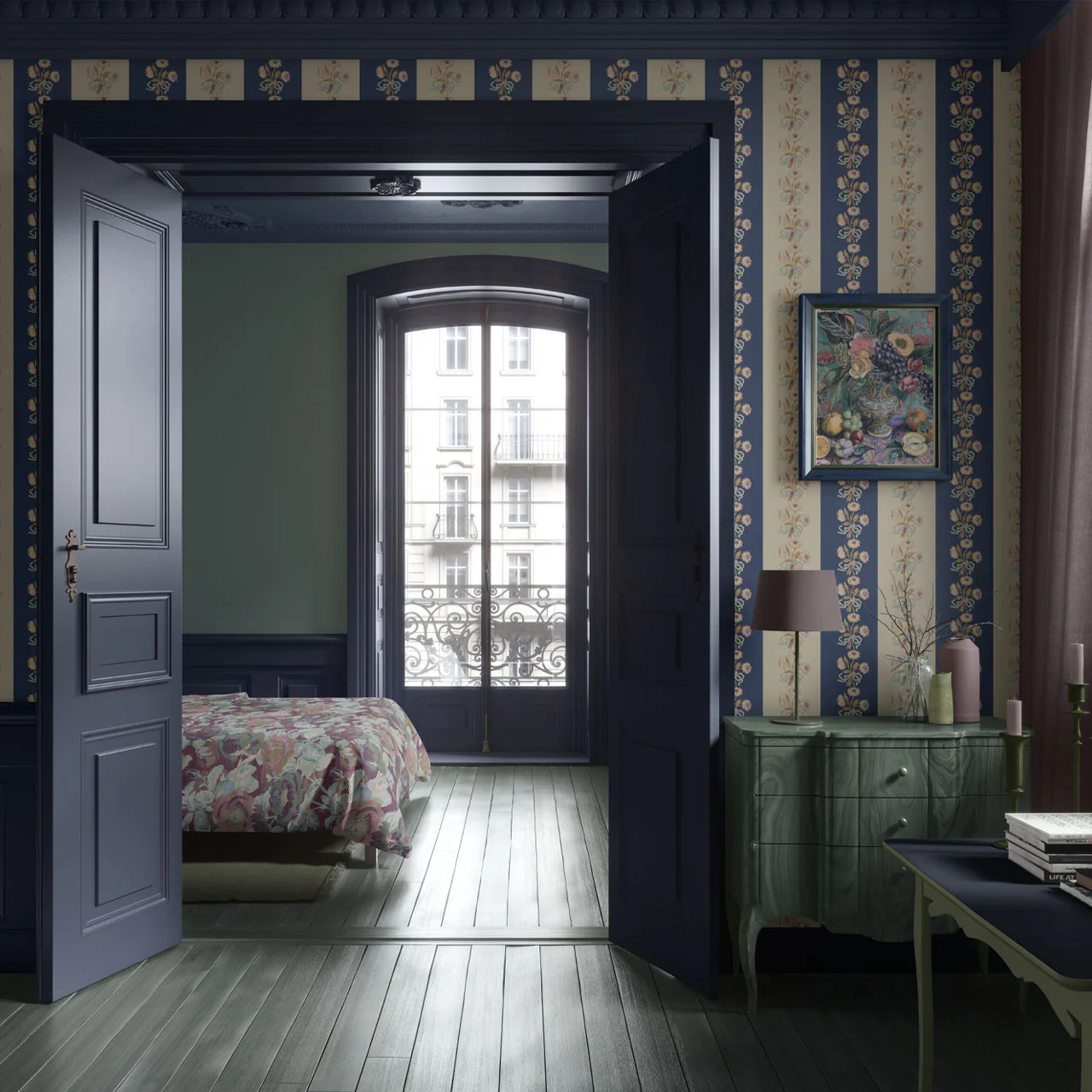 Chateau Stripe Prussian and Fawn Wallpaper - Image 5