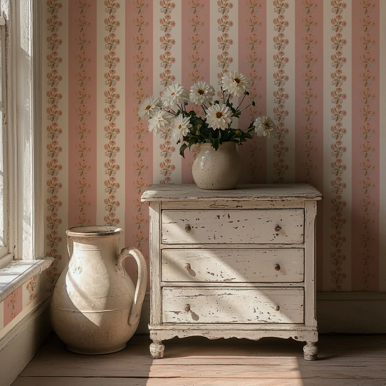 Chateau Stripe Peony and Chalk Wallpaper - Image 4