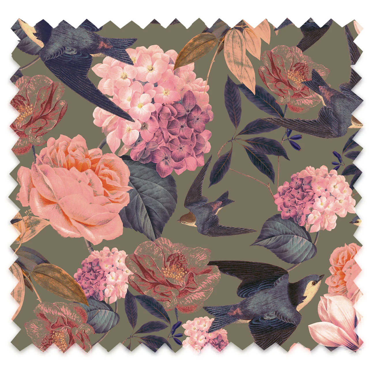 Swallows and Blooms Autumn Linen Fabric - Image 2