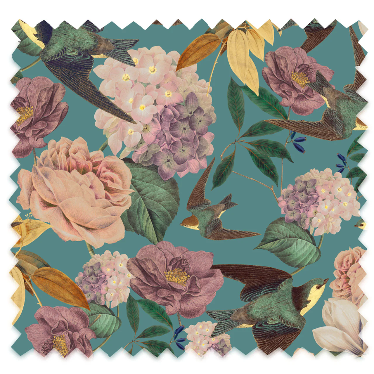 Swallows and Blooms Teal Linen Fabric - Image 2