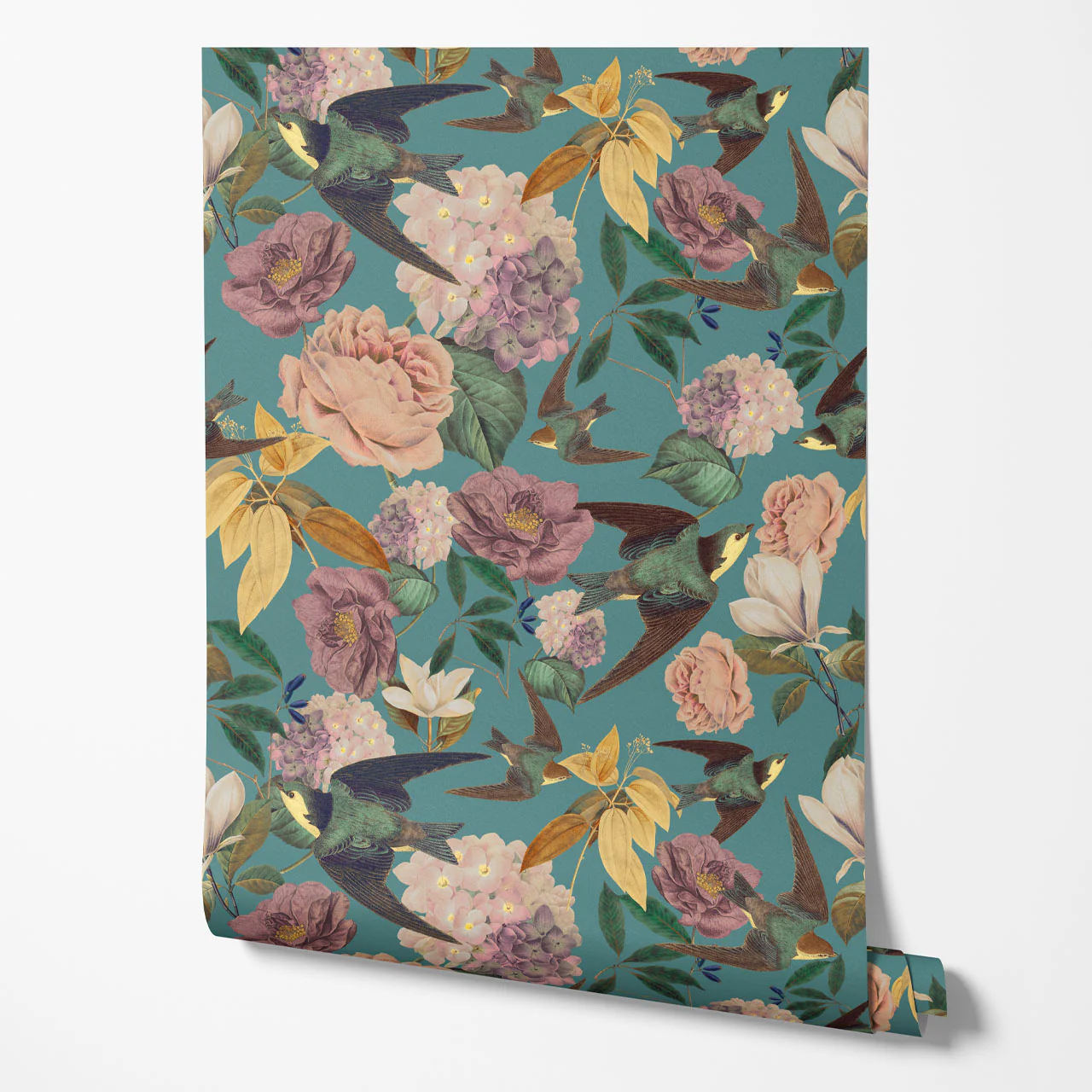 Swallows and Blooms Teal Wallpaper Sample - Image 2