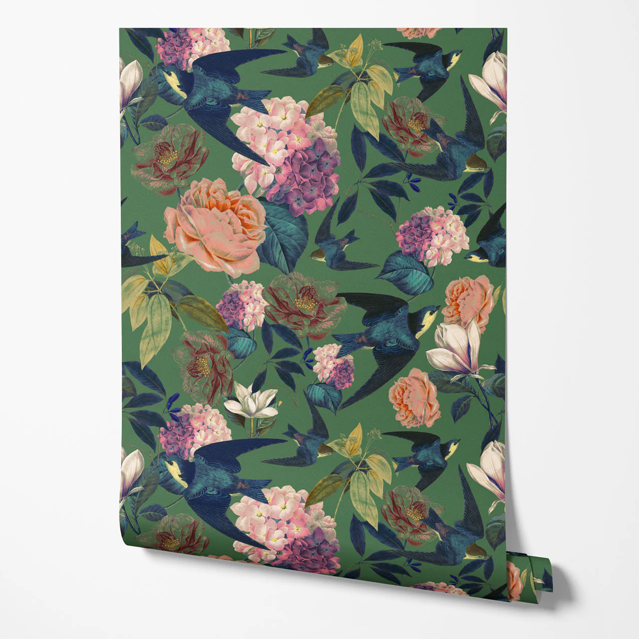Swallows and Blooms Vine Green Wallpaper - Image 3