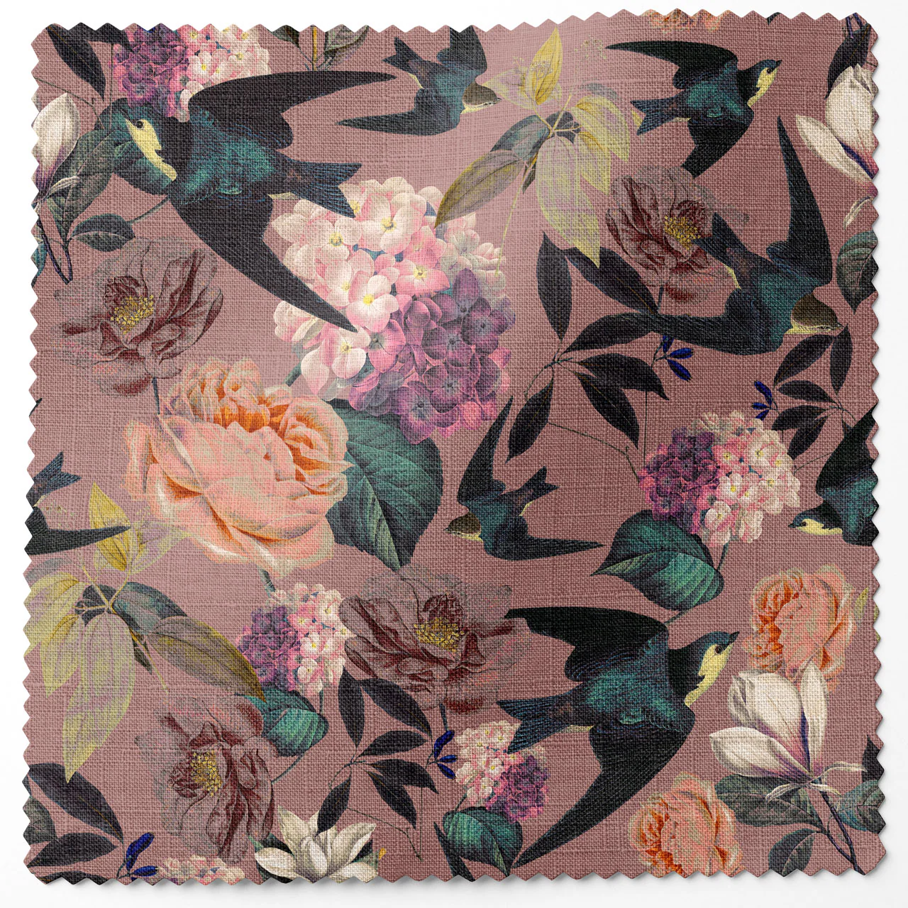 Swallows and Blooms Violet Linen Fabric