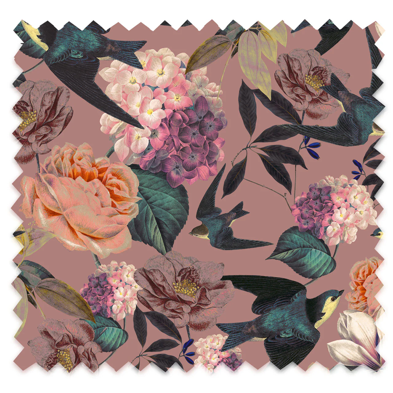 Swallows and Blooms Violet Linen Fabric - Image 2