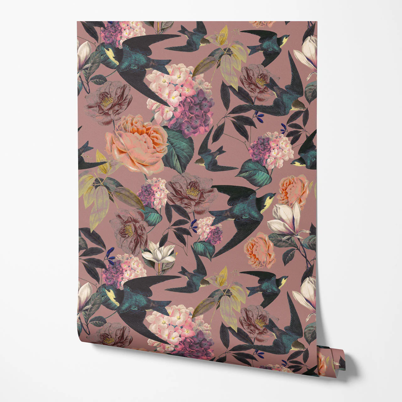 Swallows and Blooms Violet Wallpaper Sample - Image 2